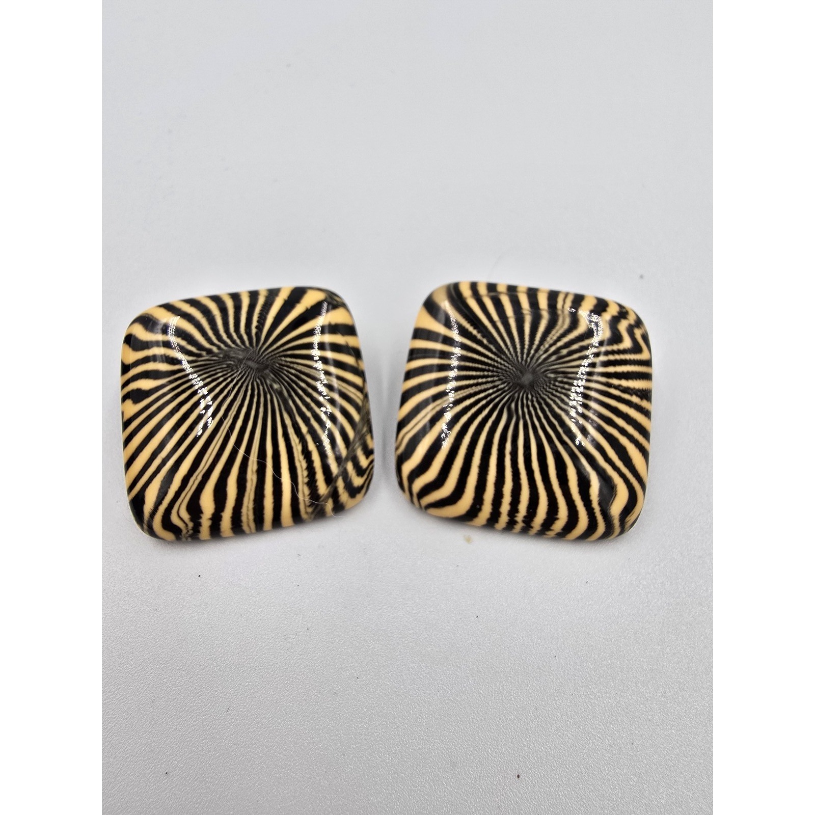 Vintage Black & Beige Swirl Pattern Clip-On Earrings Square Retro Mod Style
